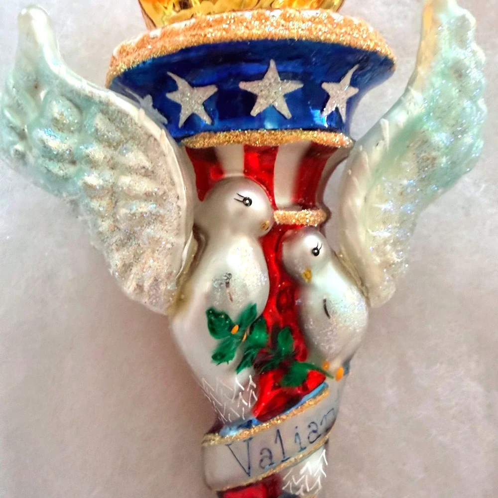 Christopher Radko Valiant and Brave Patriotic Torch Glass Ornament Doves Wings